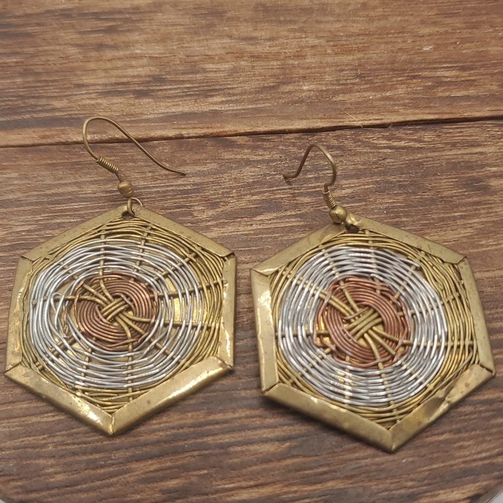E404 woven dreamcatcher earrings tribal brutalist